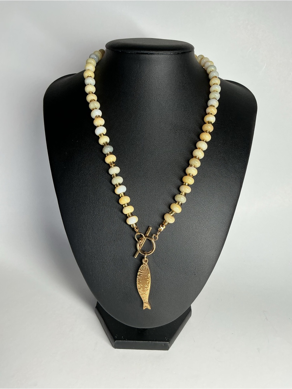 Gold Fish Pendant Beaded Necklace in Yellow and Cream